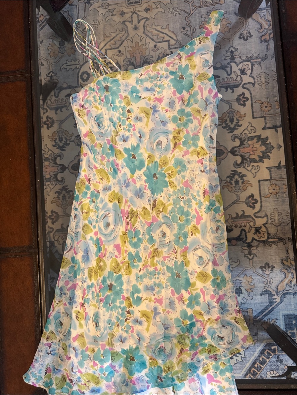 Scarlett One-Shoulder Floral Dress in Blue, Green, Pink & White